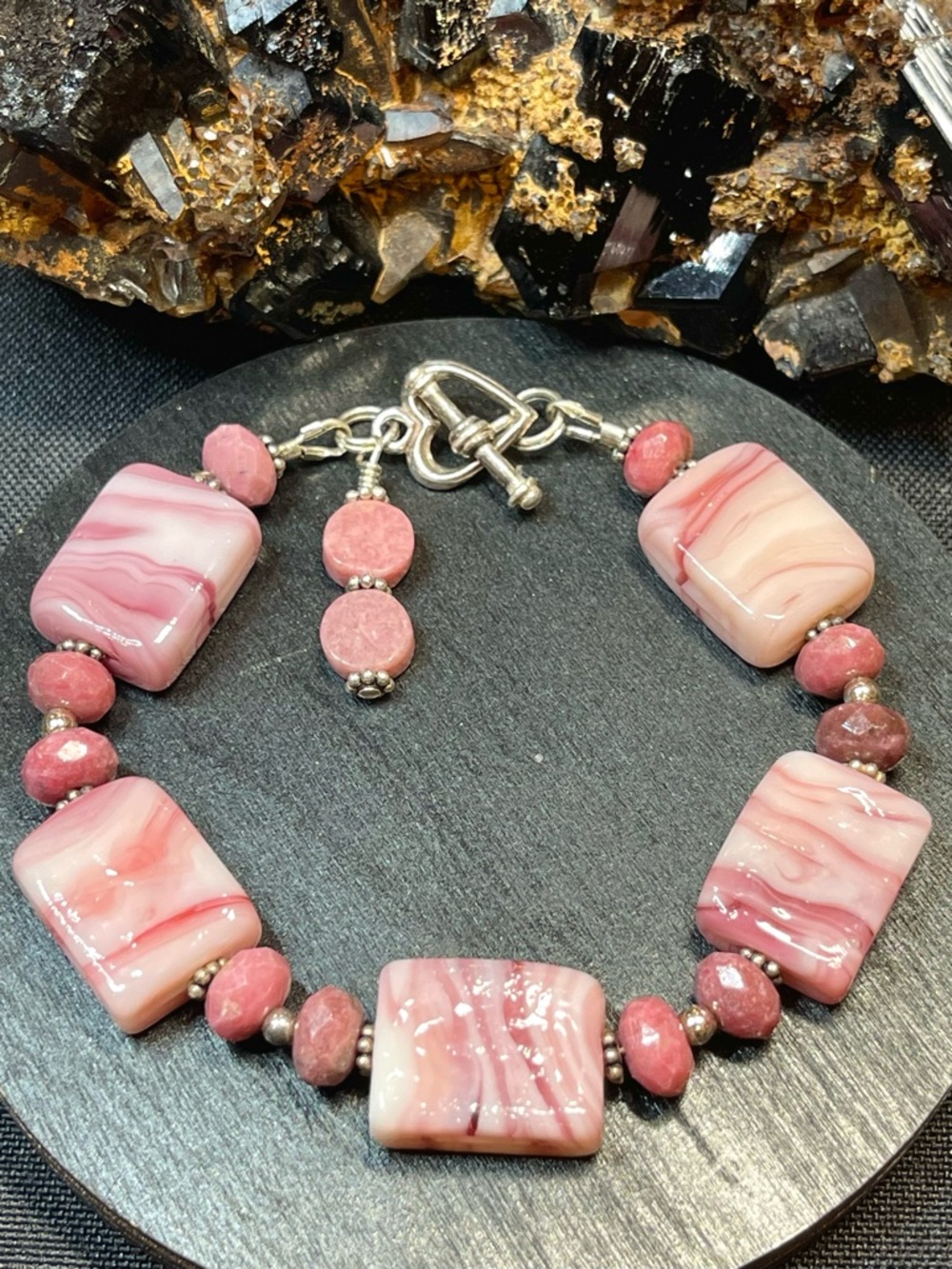 🌑 Sterling Silver Pink Glass Rhodonite 7” Artisan Handmade Bracelet 🌑